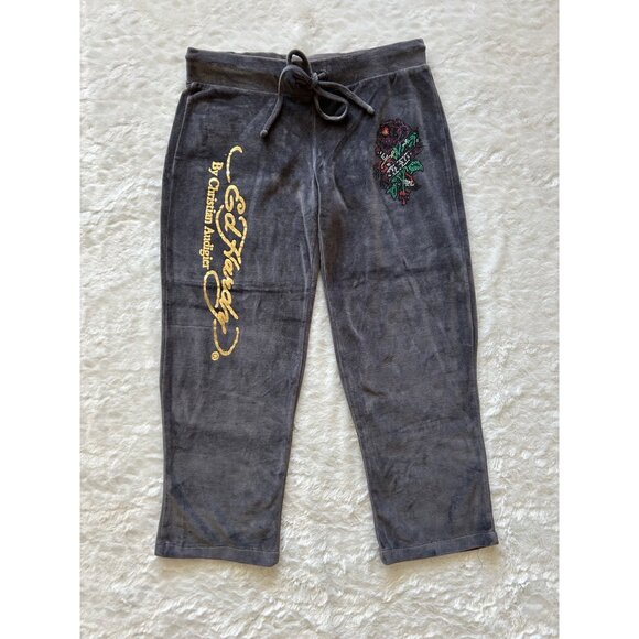 VTG Y2K Ed Hardy Velour Capri Track Pants Jeweled Tattoo Rose - Large - Picture 1 of 10